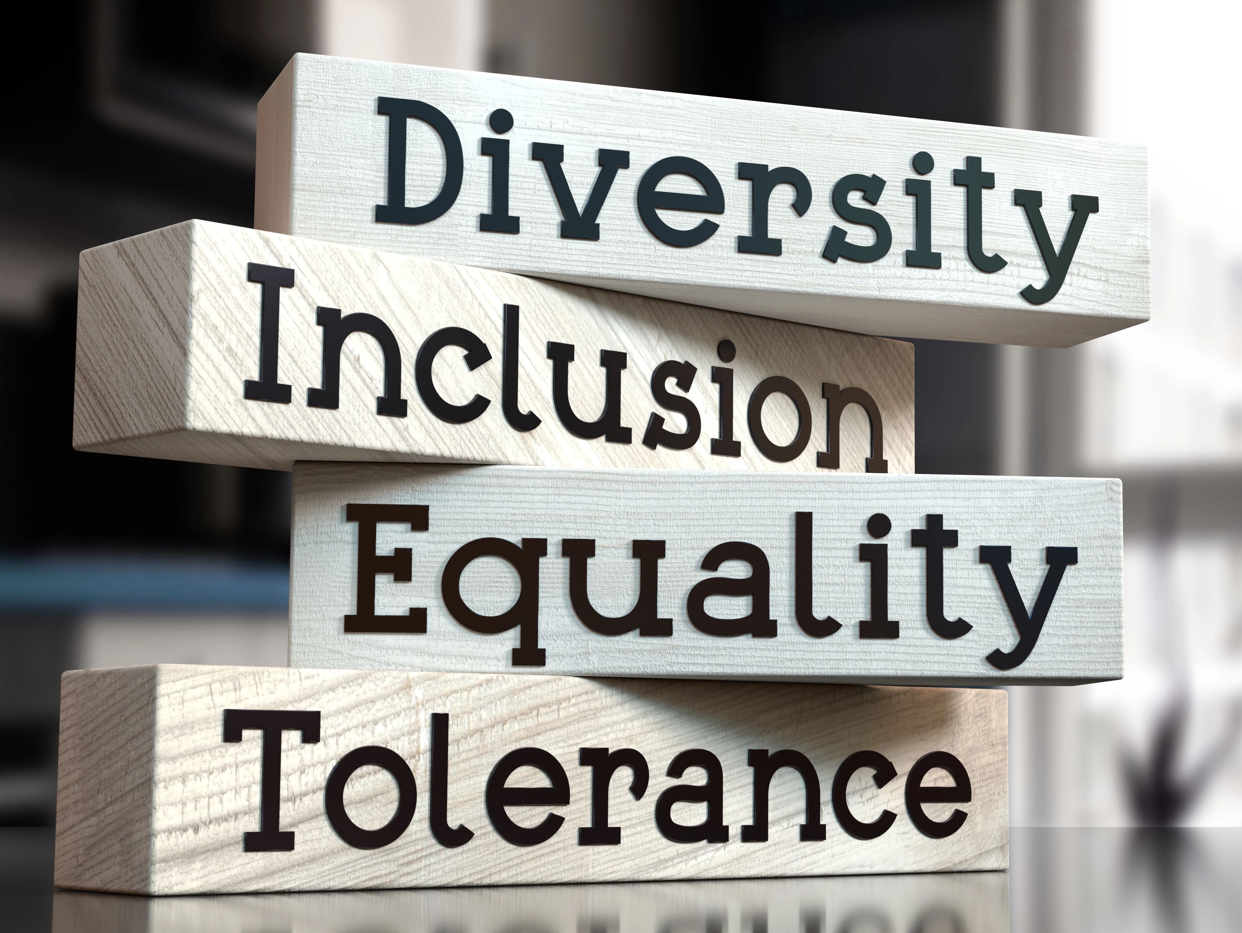 Auf vier übereinander gestapelten Klötzen stehen die Worte Diversity, Inclusion, Equality und Tolerance.