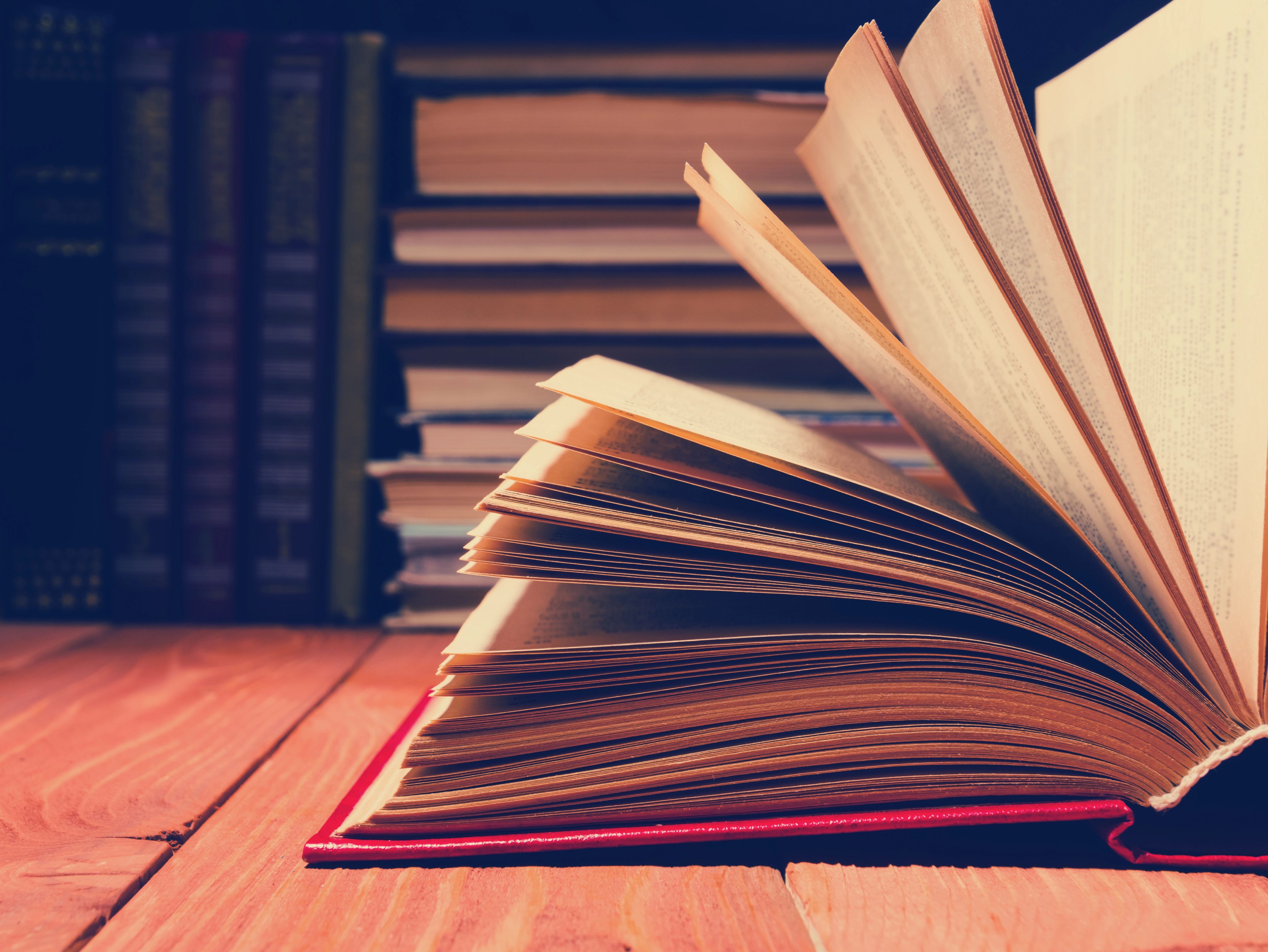 Das Bild zeigt ein halb aufgeschlagenes Buch. Im Hintergrund stehen weitere Bücher.