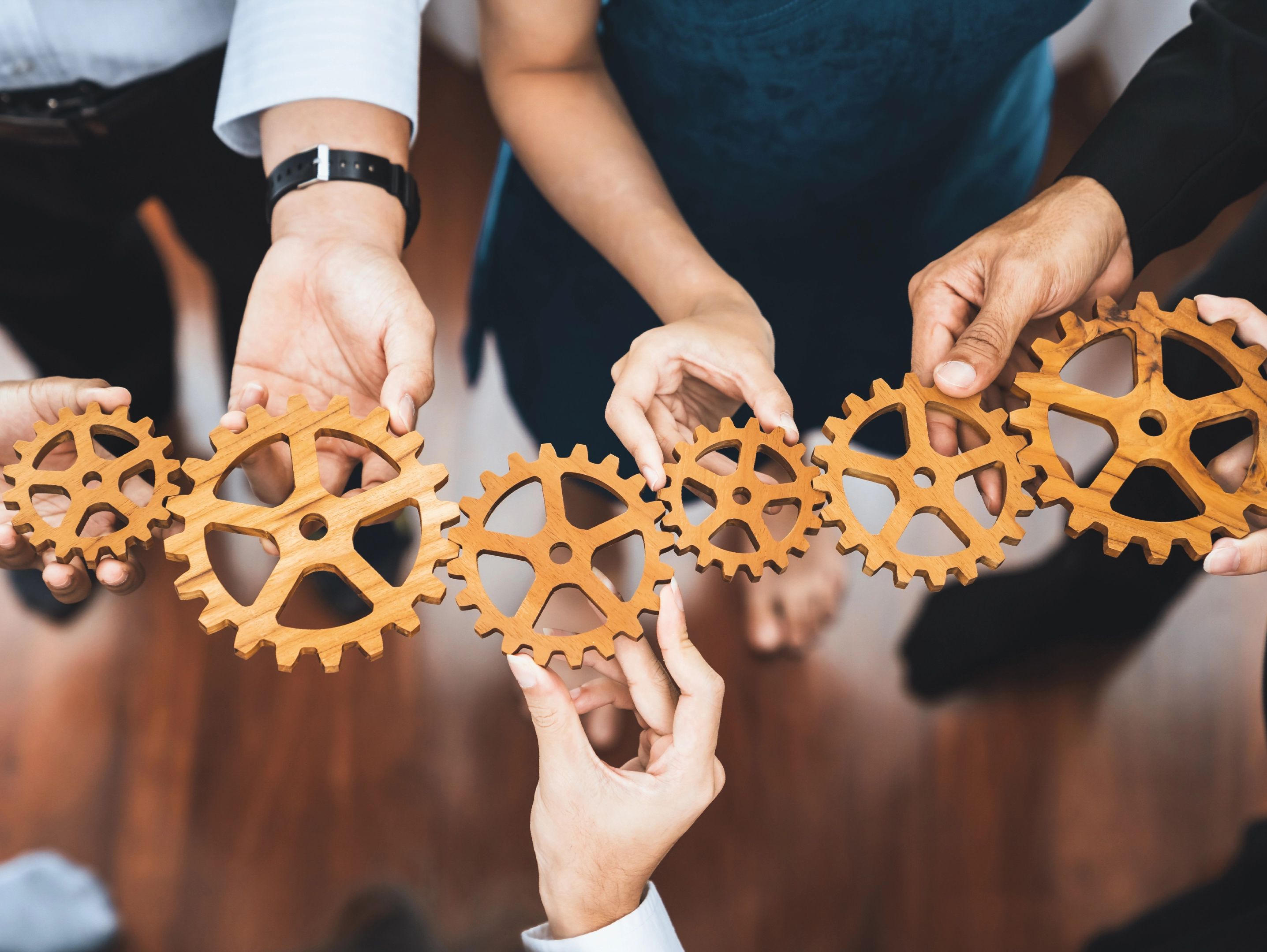 Mehrere Hände halten hölzerne Zahnräder, die ineinander greifen.