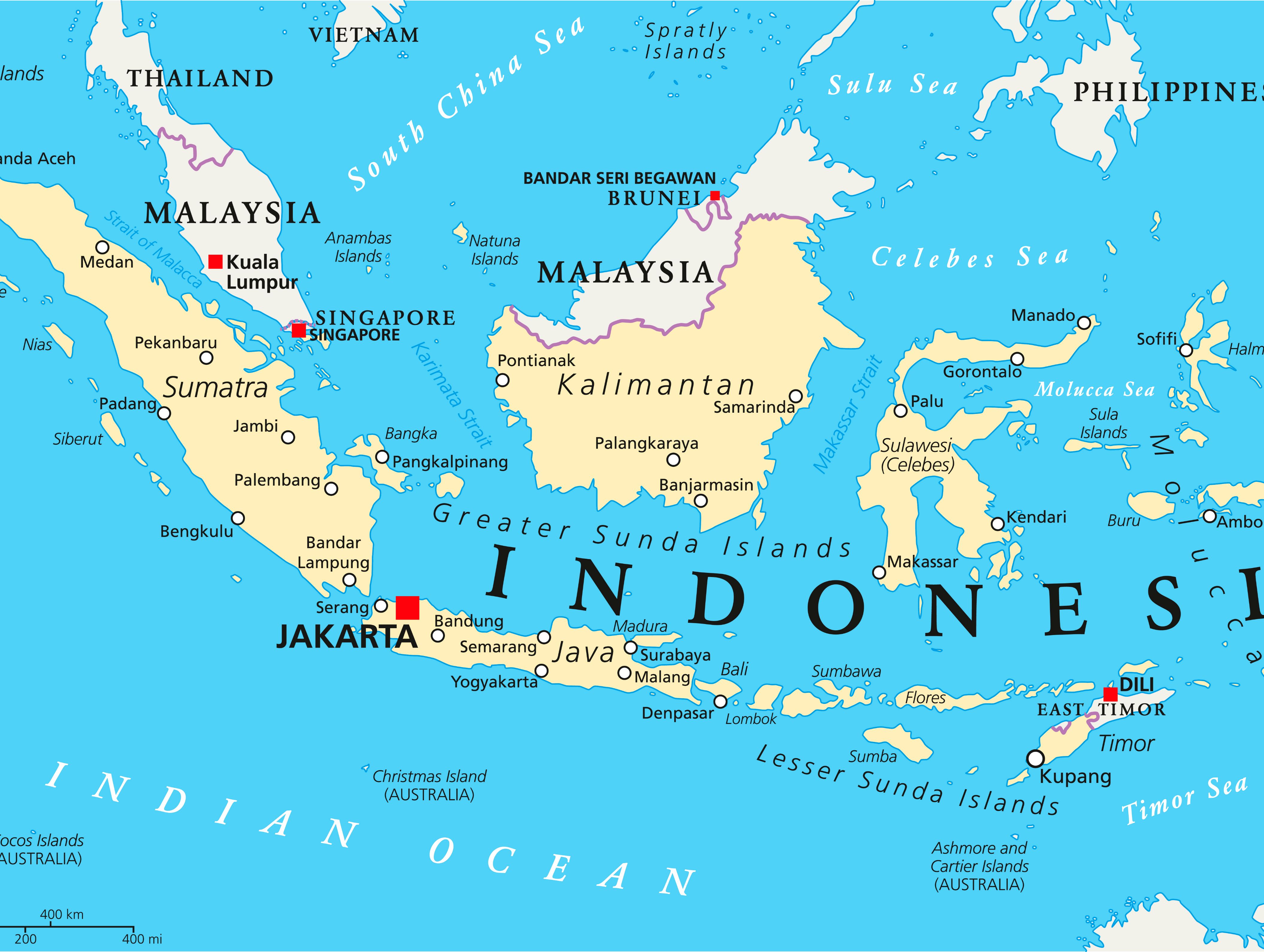 Zu sehen die politische Karte vom Großraum Indinesien.